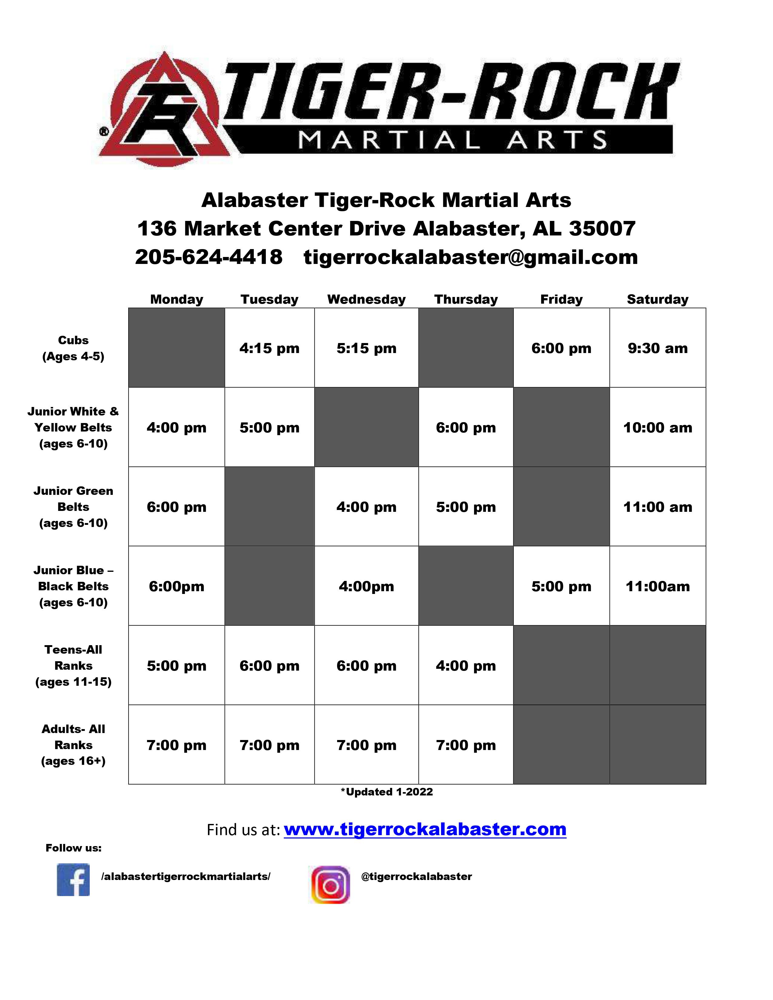 Class Schedule  TIGER-ROCK MARTIAL ARTS - ALABASTER